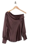 Renee C Asymmetrical Drop Shoulder Satin Top In Brown