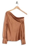 Renee C Asymmetrical Drop Shoulder Satin Top In Brown