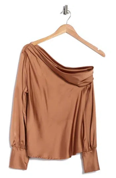 Renee C Asymmetrical Drop Shoulder Satin Top In Brown
