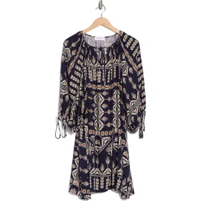Renee C Boho Long Sleeve Tunic Dress In Navy
