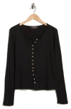 Renee C Button Front Long Sleeve Ribbed Top In Black
