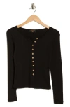 Renee C Button Front Long Sleeve Ribbed Top In Black