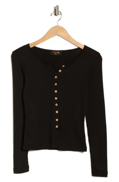 Renee C Button Front Long Sleeve Ribbed Top In Black
