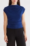 Renee C Cap Sleeve Ruched Crop Top In Navy