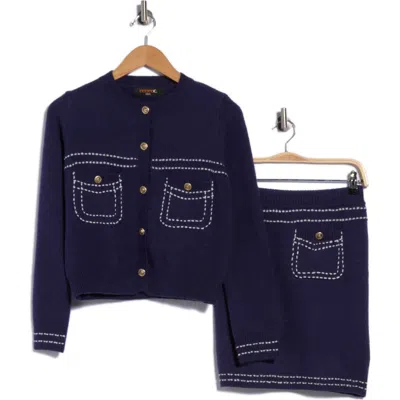 Renee C Contrast Stitched Cardigan And Skirt Set In Navy