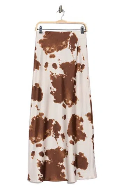 Renee C Cow Print Satin Maxi Skirt In Brown