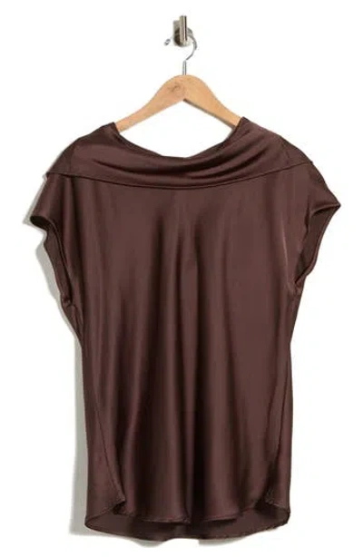 Renee C Cowl Neck Scarf Detail Satin Top In Brown