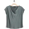 Renee C Cowl Neck Short Sleeve Satin Top In Green