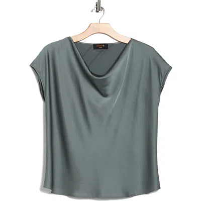 Renee C Cowl Neck Short Sleeve Satin Top In Green