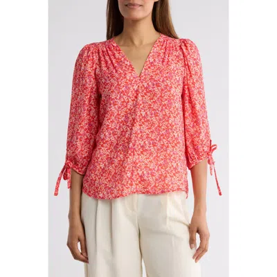 Renee C Ditsy Floral V-neck Long Sleeve Top In Red