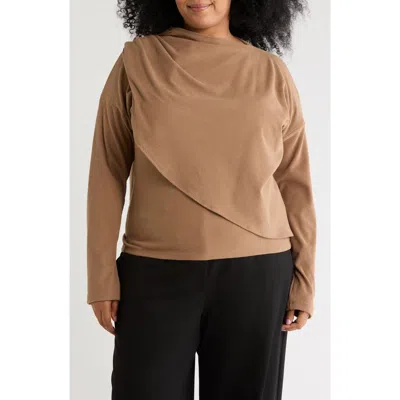 Renee C Draped Shawl Long Sleeve Ribbed Top In Brown