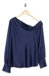 Renee C Drop Shoulder Satin Top In Blue