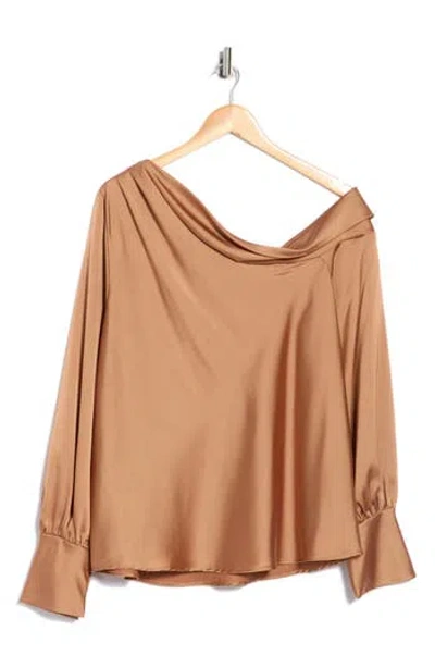 Renee C Drop Shoulder Satin Top In Brown