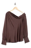 Renee C Drop Shoulder Satin Top In Brown