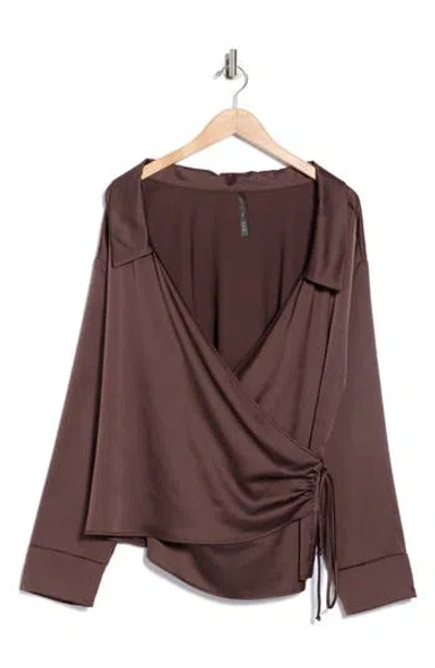 Renee C Faux Wrap Satin Top In Brown