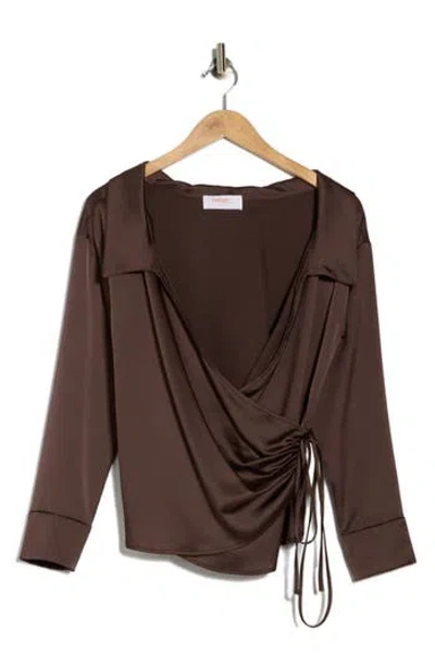 Renee C Faux Wrap Satin Top In Brown