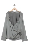 Renee C Faux Wrap Satin Top In Green