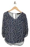 Renee C Floral Back Keyhole Balloon Sleeve Top In Blue