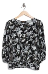 Renee C Floral Balloon Sleeve Twist Front Top In Black