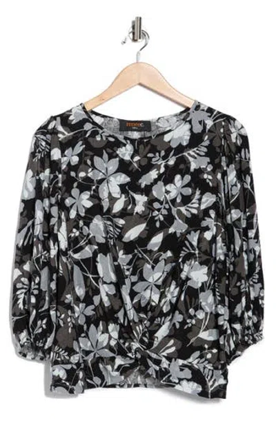 Renee C Floral Balloon Sleeve Twist Front Top In Black