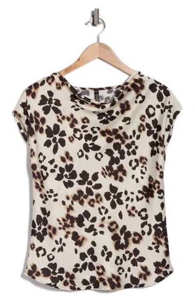 Renee C Floral Cowl Neck Cap Sleeve Satin Top In Black