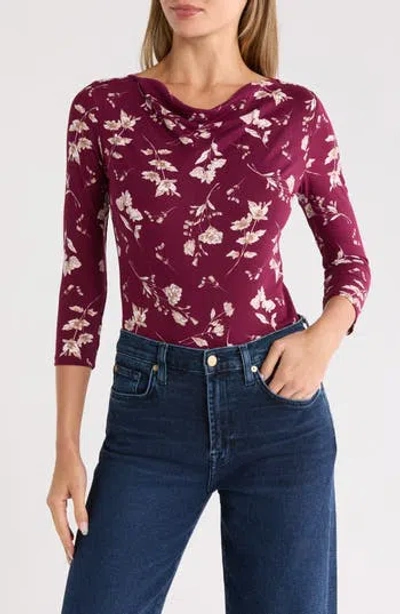 Renee C Floral Cowl Neck Jersey Top In Burgundy