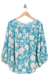 Renee C Floral Keyhole Long Sleeve Top In Blue