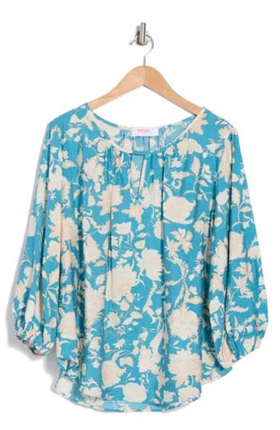 Renee C Floral Keyhole Long Sleeve Top In Blue