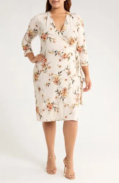 Renee C Floral Long Sleeve Jersey Wrap Dress In White