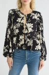 Renee C Floral Long Sleeve Tie Front Crop Top In Black