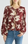 Renee C Floral Long Sleeve Tie Front Crop Top In Burgundy