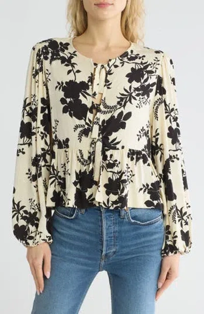 Renee C Floral Long Sleeve Tie Front Crop Top In Ivory