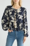 Renee C Floral Long Sleeve Tie Front Crop Top In Navy