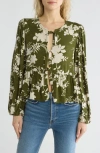 Renee C Floral Long Sleeve Tie Front Crop Top In Olive