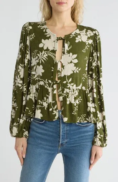 Renee C Floral Long Sleeve Tie Front Crop Top In Olive