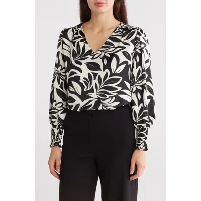 Renee C Floral Long Sleeve Top In Black/white
