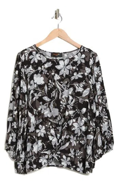 Renee C Floral Long Sleeve Twist Front Top In Black