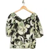 Renee C Floral Puff Sleeve Stretch Cotton Top In Black