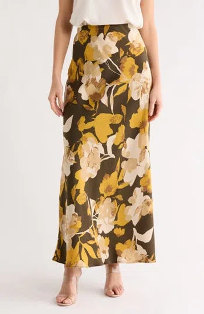 Renee C Floral Satin Maxi Skirt In Brown