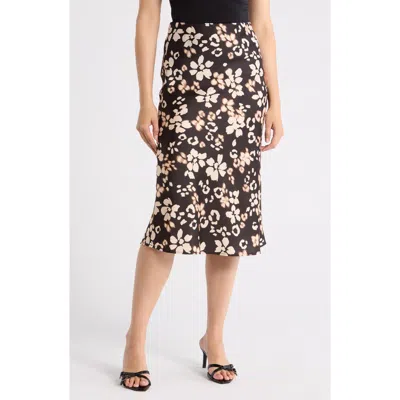 Renee C Floral Satin Midi Skirt In Black