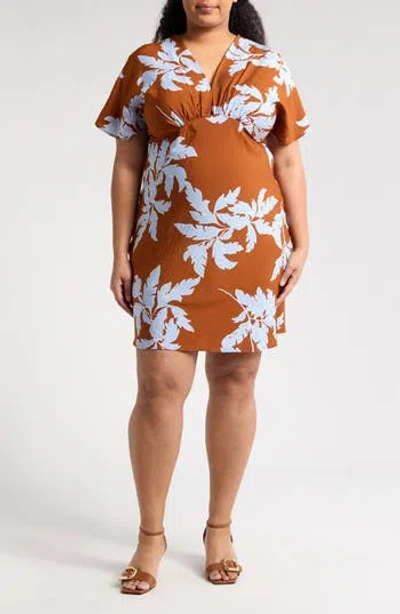 Renee C Floral Short Sleeve Empire Waist Dress In Brown