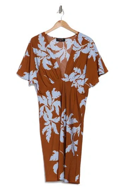 Renee C Floral Short Sleeve Empire Waist Dress In Rust/blue