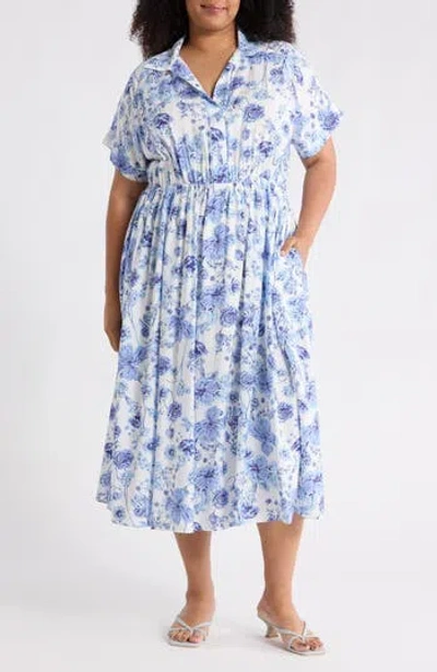 Renee C Floral Short Sleeve Midi Dress In Blue