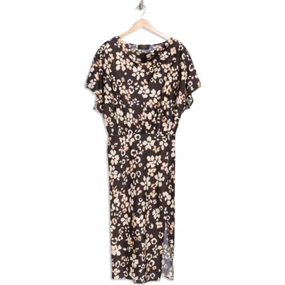 Renee C Floral Short Sleeve Satin Midi Dress In Black