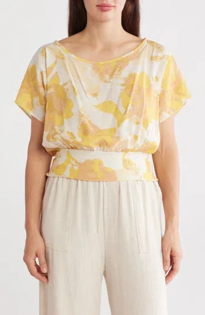 Renee C Floral Short Sleeve Smocked Hem Crop Top In Taupe/yellow