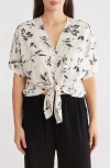 Renee C Floral Short Sleeve Tie Front Crop Top In Black