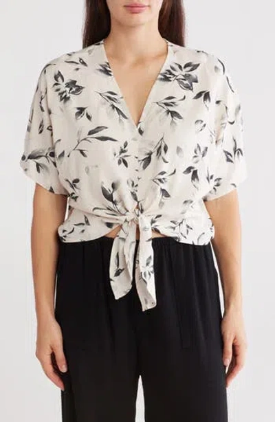 RENEE C RENEE C FLORAL SHORT SLEEVE TIE FRONT CROP TOP