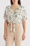 Renee C Floral Short Sleeve Tie Front Crop Top In Denim