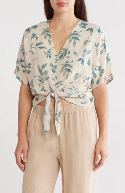 Renee C Floral Short Sleeve Tie Front Crop Top In Denim