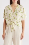 Renee C Floral Short Sleeve Tie Front Crop Top In Green